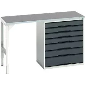 Unterbauwerkbank Bott verso, Linoleum-Platte, 7 Schubladen, B 1500 x T 600 x H 930 mm, Lichtgrau / Anthrazitgrau