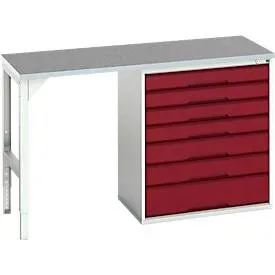 Unterbauwerkbank Bott verso, Linoleum-Platte, 7 Schubladen, B 1500 x T 600 x H 930 mm, Lichtgrau / Purpurrot