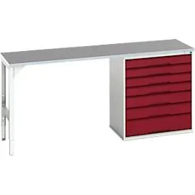 Unterbauwerkbank Bott verso, Linoleum-Platte, 7 Schubladen, B 2000 x T 600 x H 930 mm, Lichtgrau / Purpurrot