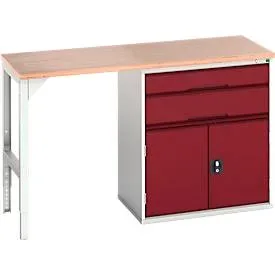Unterbauwerkbank Bott verso, Multiplex-Platte, 2 Schubladen, 1 Tür, 1 Ablageboden, B 1500 x T 600 x H 930 mm, Lichtgrau / Purpurrot
