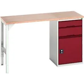 Unterbauwerkbank Bott verso, Multiplex-Platte, 2 Schubladen, 1 Tür, 1 Ablageboden, B 1500 x T 600 x H 930 mm, Lichtgrau / Purpurrot