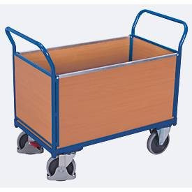 Vierwandwagen, Stahl/MDF-Platte, Enzianblau/Buche-Dekor, L 1000 x B 550 mm, herausnehmbare Längswände, TPE-Rollen mit EasySTOP, bis 500 kg