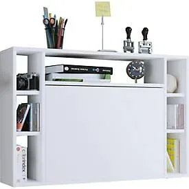 Wandschreibtisch Wandila, ideal für das Home Office, ausklappbare Tischplatte & 7 Fächer, B 900 x T 200/670 x H 600 mm, Holz, weiss