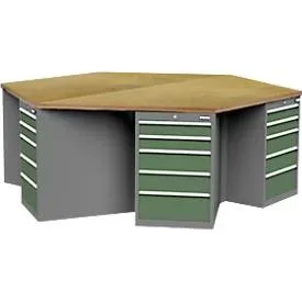 Werkbank Bedrunka+Hirth, 6-eckig, Buche-Multiplex-Arbeitsplatte, 6 Schubladenschränke mit je 5 Schüben, abschliessbar, B 2500 x T 2165 x H 859 mm