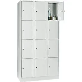 Wertfachschrank 300 mm, 3 Abteile, 12 Fächer, Sicherheitszylinderschloss, Sockel, lichtgrau