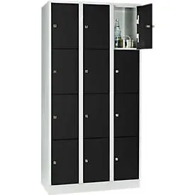 Wertfachschrank 300 mm, 3 Abteile, 12 Fächer, Sicherheitszylinderschloss, Sockel, tiefschwarz