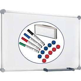Whiteboard 2000 MAULpro, weiss kunststoffbeschichtet, magnethaftend, Rahmen silber, B 1800 x H 900 mm + 15-teiliges Zubehör-Set