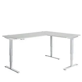 Winkelschreibtisch AERO FLEX, elektrisch höhenverstellbar, 90° Winkel, T-Fuss, B 2000 x T 1600 mm, lichtgrau/weissalu + Memorypanel