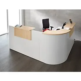 Winkeltheke Come-In, rund, L 2125 x B 2525 mm, weiss, 3 Ablagen in Ahorn-Dekor, Eckelement weiss