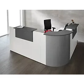 Winkeltheke Come-In, rund, L 2125 x B 2525 mm, weiss, 3 Ablagen in Graphit, Eckelement alusilber