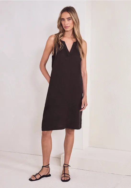 Knielanges Kleid mit Split Neck aus Leinen