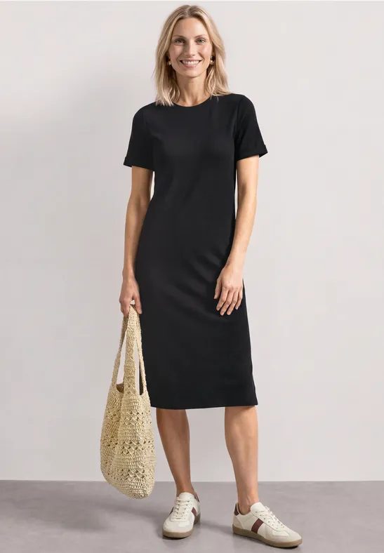 Midikleid in Rippstruktur mit Rundhals