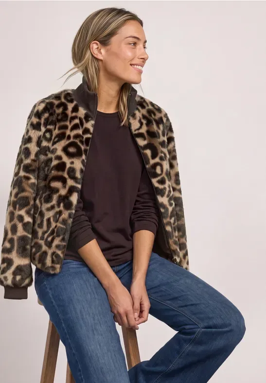 Fake Fur Blouson mit Strickdetails und Print