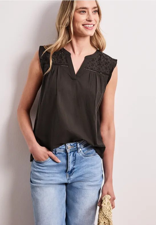 Blusentop mit Split Neck und Shiffleydetails