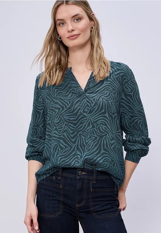 Bluse mit Split Neck und Grafikprint