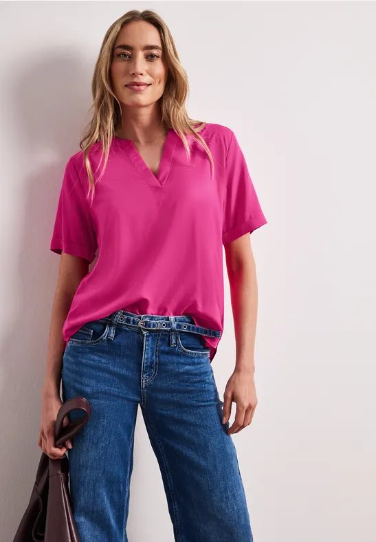 Kurzarm Bluse mit Split Neck in Unifarbe