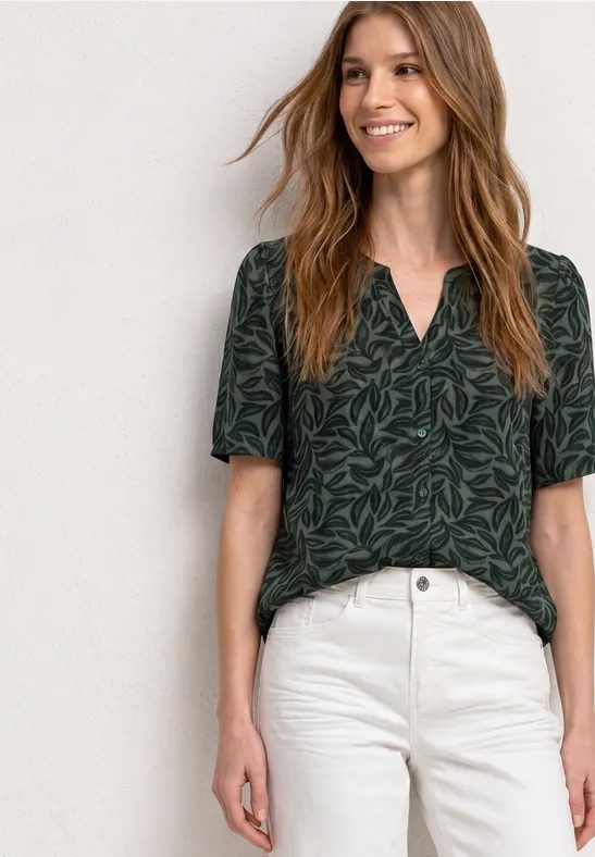 Kurzarm Bluse mit Split Neck und Knöpfen