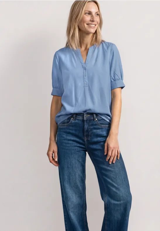 Kurzarm Bluse mit Split Neck und Elastiksaum