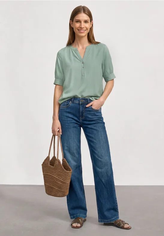 Kurzarm Bluse mit Split Neck und Elastiksaum