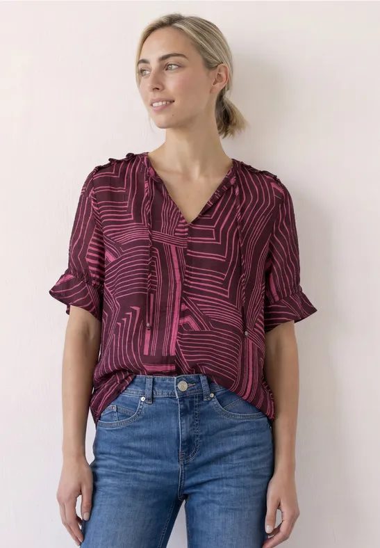 Kurzarm Bluse mit Split Neck und Print