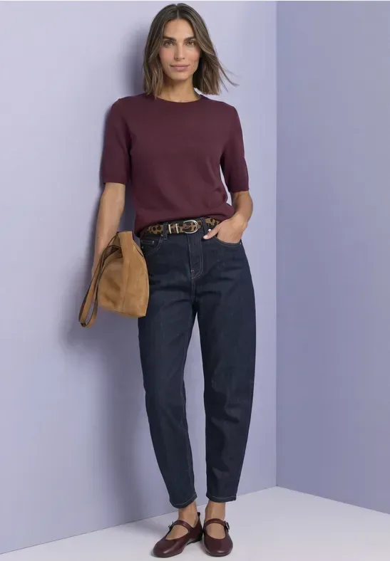 Kurzarm Pullover mit Rundhals in Unifarbe