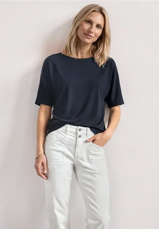 STREET ONE Rundhalsshirt Sommershirt mit Boat Neck und Elastikbund