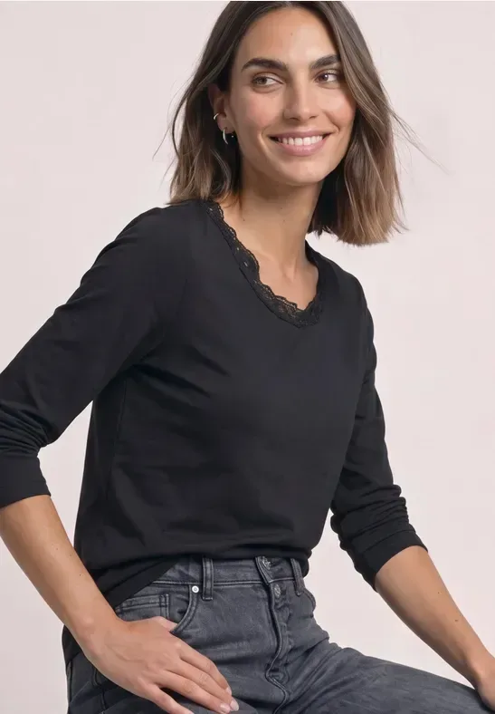 Langarm Shirt mit Rundhals und Spitze