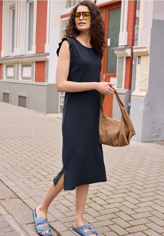 Midikleid mit Rundhals in Unifarbe