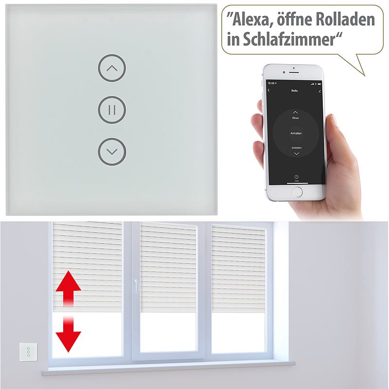 Luminea Home Control Rollladen-Touch-Unterputz-Steuerung mit WLAN, App und Sprachsteuerung
