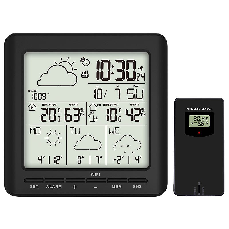 infactory WLAN-Funk-Wetterstation mit Aussensensor, LCD-Display, Wettertrend, App