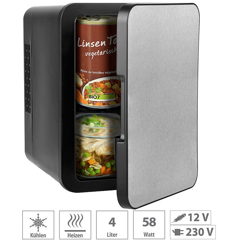 Rosenstein & Söhne Mini-Kühlschrank mit Warmhalte-Funktion, Edelstahlfront, 12/230 V, 4 l
