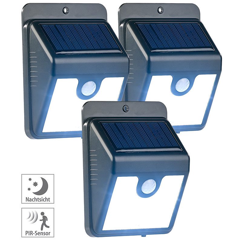 Luminea 3er-Set Solar-LED-Wandleuchten mit Bewegungssensor & Nachtlicht, 50 lm