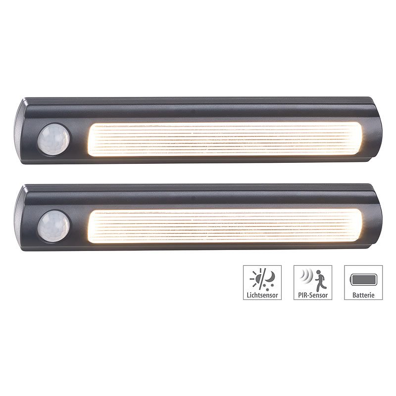 Luminea 2er-Set LED-Schrankleuchte, PIR- & Lichtsensor, 0,6 W, 25 Lm, 3000 K