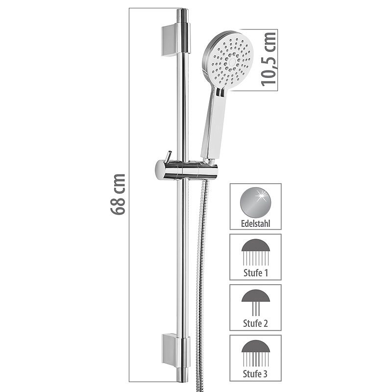 Brausestangen-Set mit Handbrause & Edelstahl-Schlauch, 3 Strahlarten / Dusche