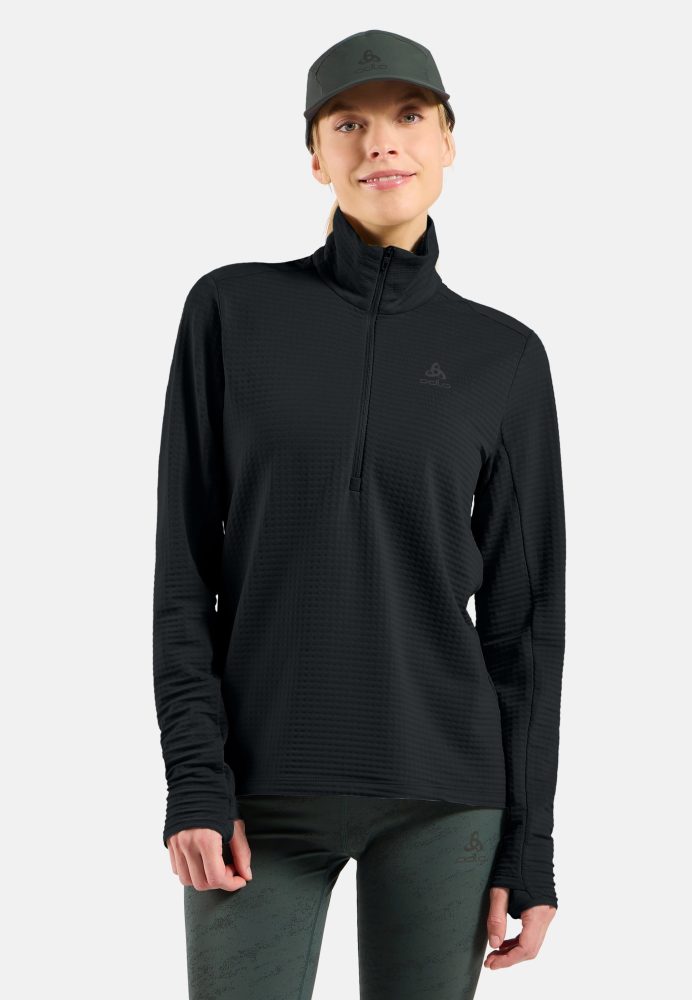 Odlo Essential Thermal Lauf-Mid Layer Half-Zip für Damen - Trail Running, Ski & Snow - schwarz, XS