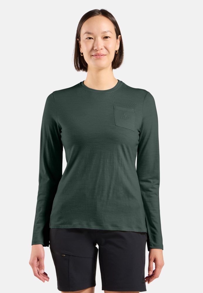 Odlo Merino 200 Pocket Langarm-Shirt für Damen - Wandern, Casual Comfort - grün, XL