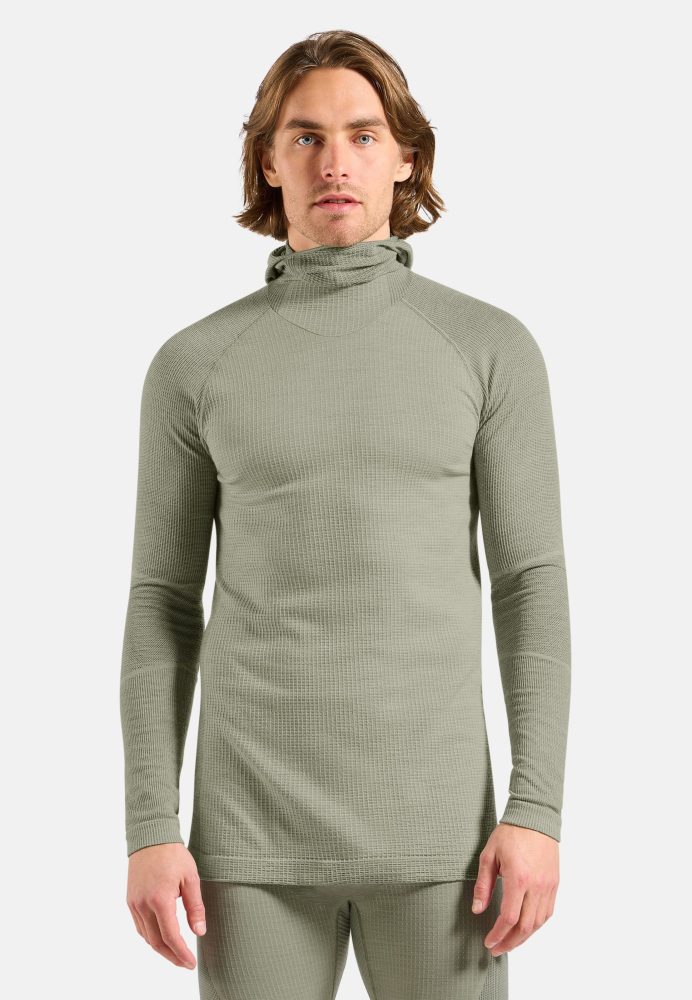 Odlo Seamless Performance Wool Base Layer mit Gesichtsmaske für Herren - Wandern, Skilanglauf - grün, XL