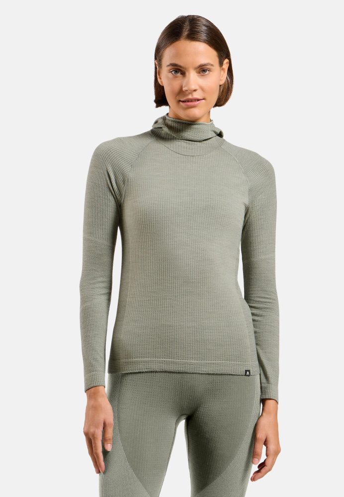 Odlo Seamless Performance Wool Base Layer mit Gesichtsmaske für Damen - Wandern, Skilanglauf - grün, XL