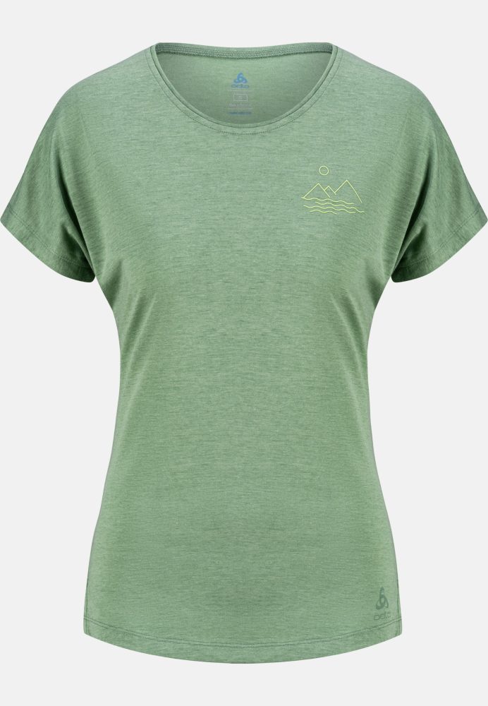 Odlo Ascent 365 T-Shirt mit einfachem Landschaftsprint für Damen - Wandern, Casual Comfort - grün, S