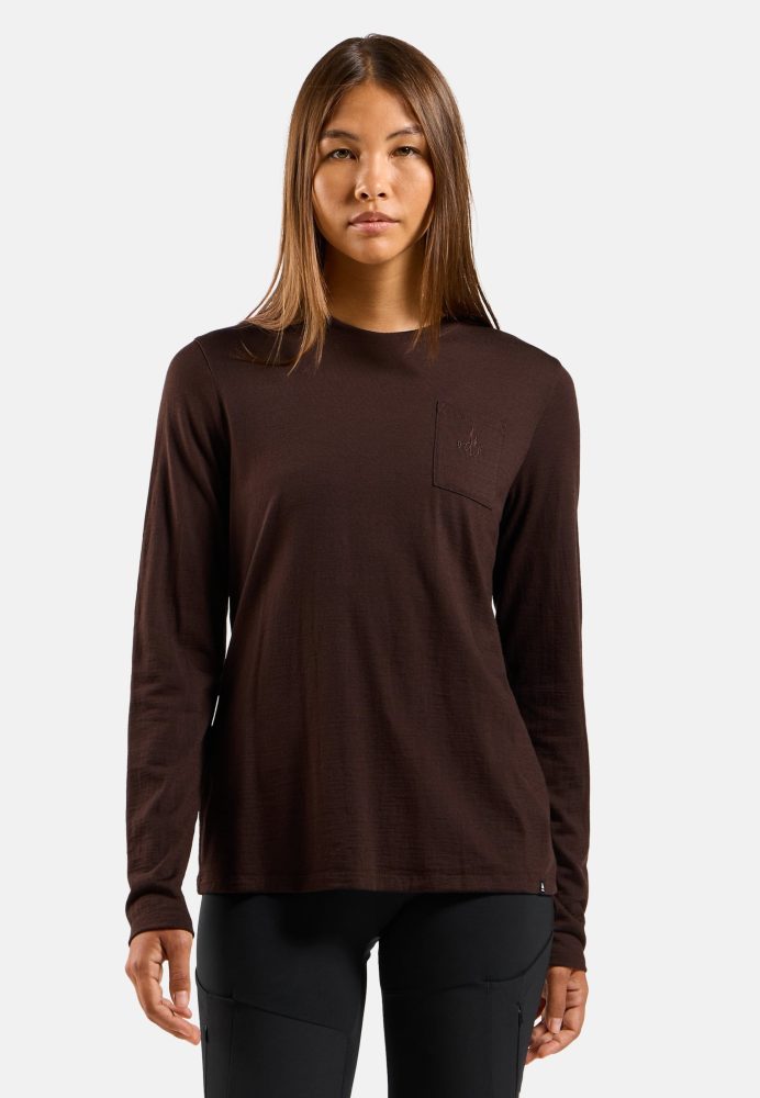 Odlo Merino 200 Pocket Langarm-Shirt für Damen - Wandern, Casual Comfort - maron, L