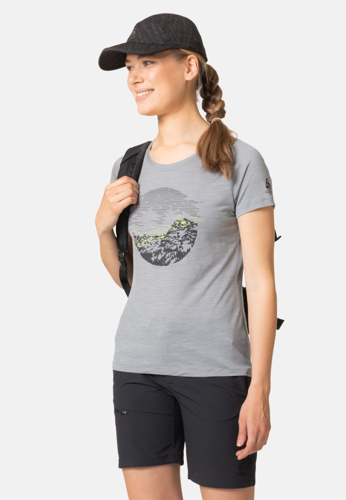 Odlo Ascent Performance Wool Light T-Shirt mit Sonnenaufgangsmotiv für Damen - Wandern - grau, L