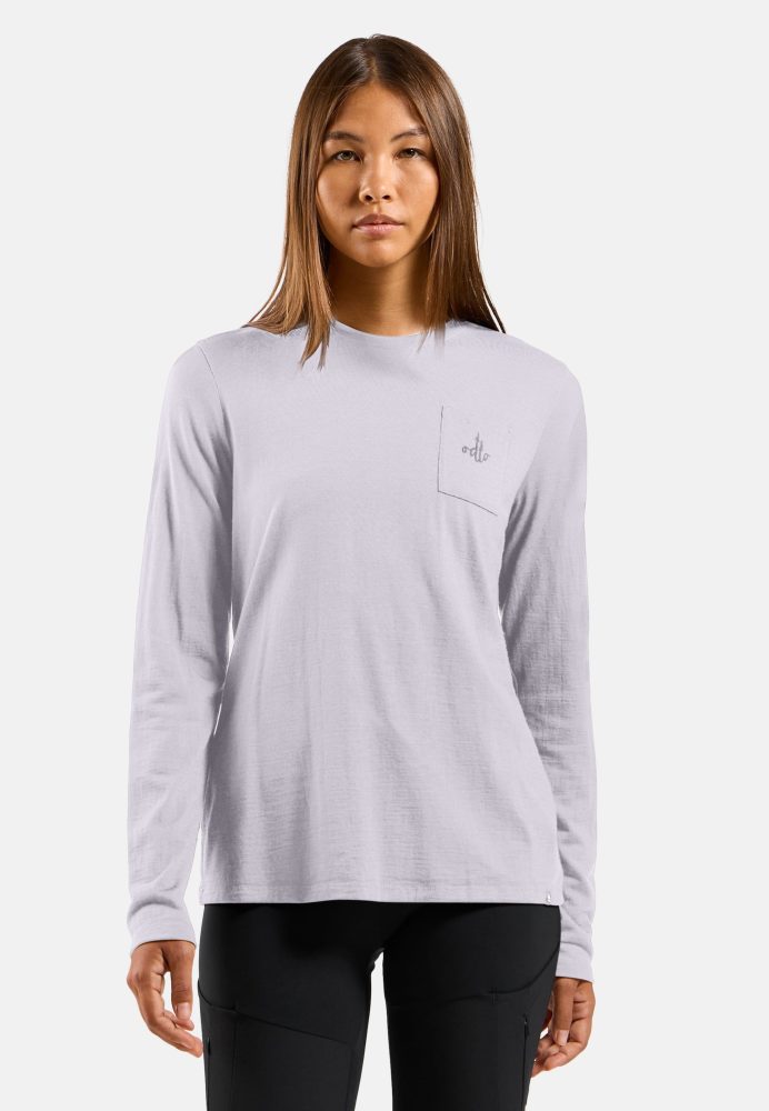 Odlo Merino 200 Pocket Langarm-Shirt für Damen - Wandern, Casual Comfort - lila, L