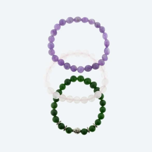 3er Set Armbänder Jade, Rosenquarz, Amethyst