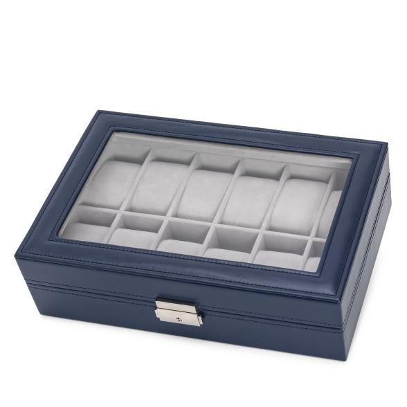 Uhrenbox für 12 Uhren, PU Leder blau, Samt grau