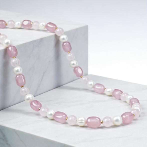 Collier Rosenquarz, SWZPerlen Magnetverschluß