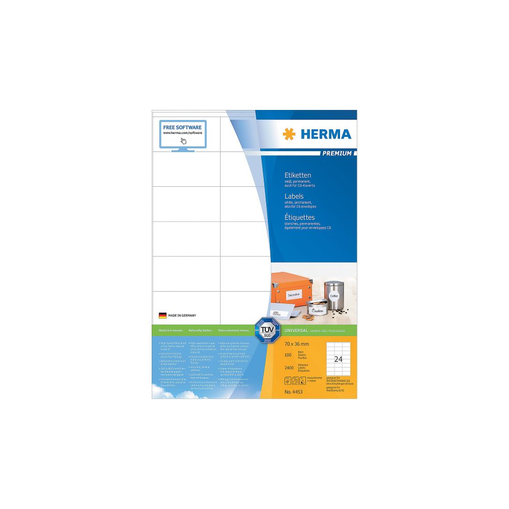 HERMA Universal-Etiketten 70x36mm 4453 weiss 2400 St./100 Blatt