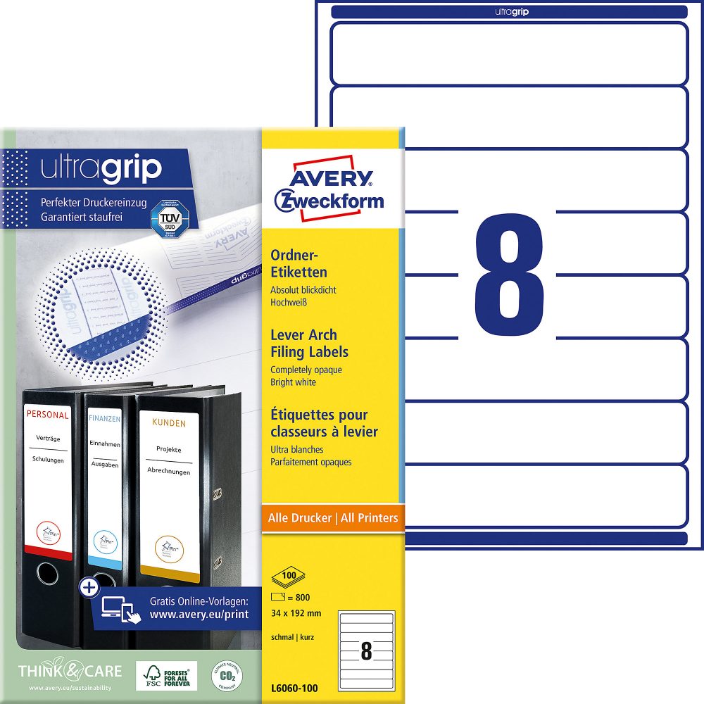 Avery Zweckform Ordneretiketten L6060-100 Weiss A4 19,2 x 3,4 cm 100 Blatt à 8 Etiketten