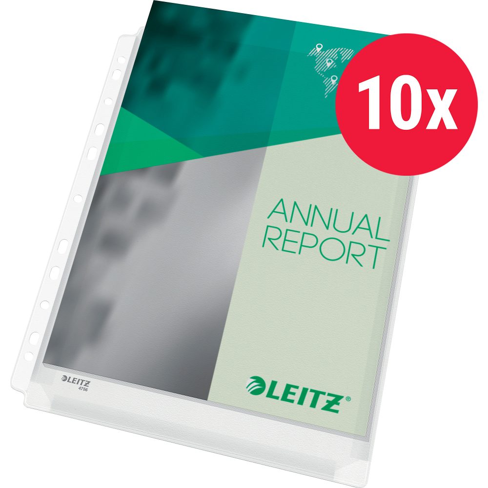 Leitz Premium Prospekthüllen DIN A4 Genarbt Transparent 170 Mikron PVC (Polyvinylchlorid) Oben 11 Löcher 47561003 10 Stück