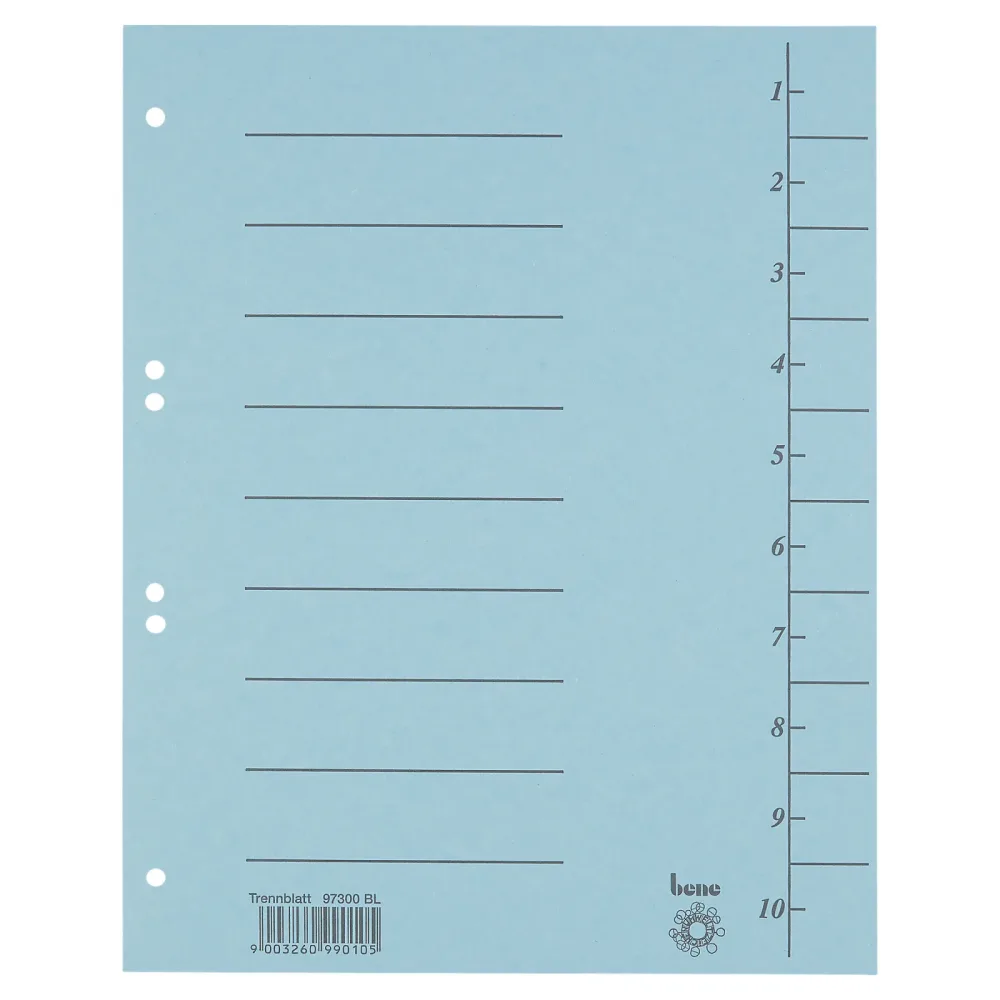 Bene 1 bis 10 Trennblätter DIN A4 Blau 10-teilig Pappkarton 6 Löcher 97300BL 100 Stück