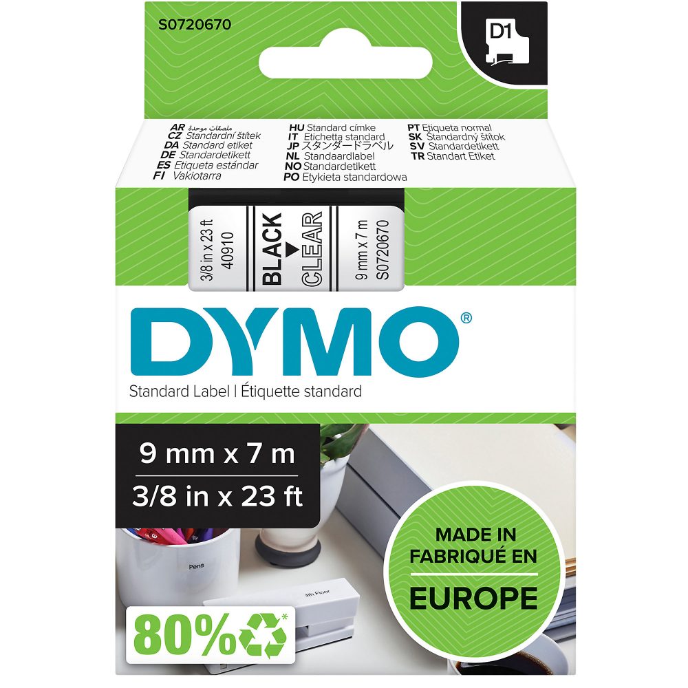 DYMO D1 Beschriftungsband Authentisch 40910 2027786 Selbsthaftend Schwarz auf Transparent 9 mm x 7 m